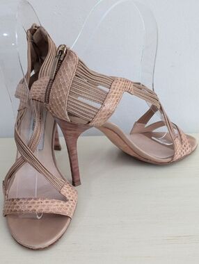 Jimmy Choo Tan Snakesin Leather And Elastic Stiletto Sandals W Lucite Heels
